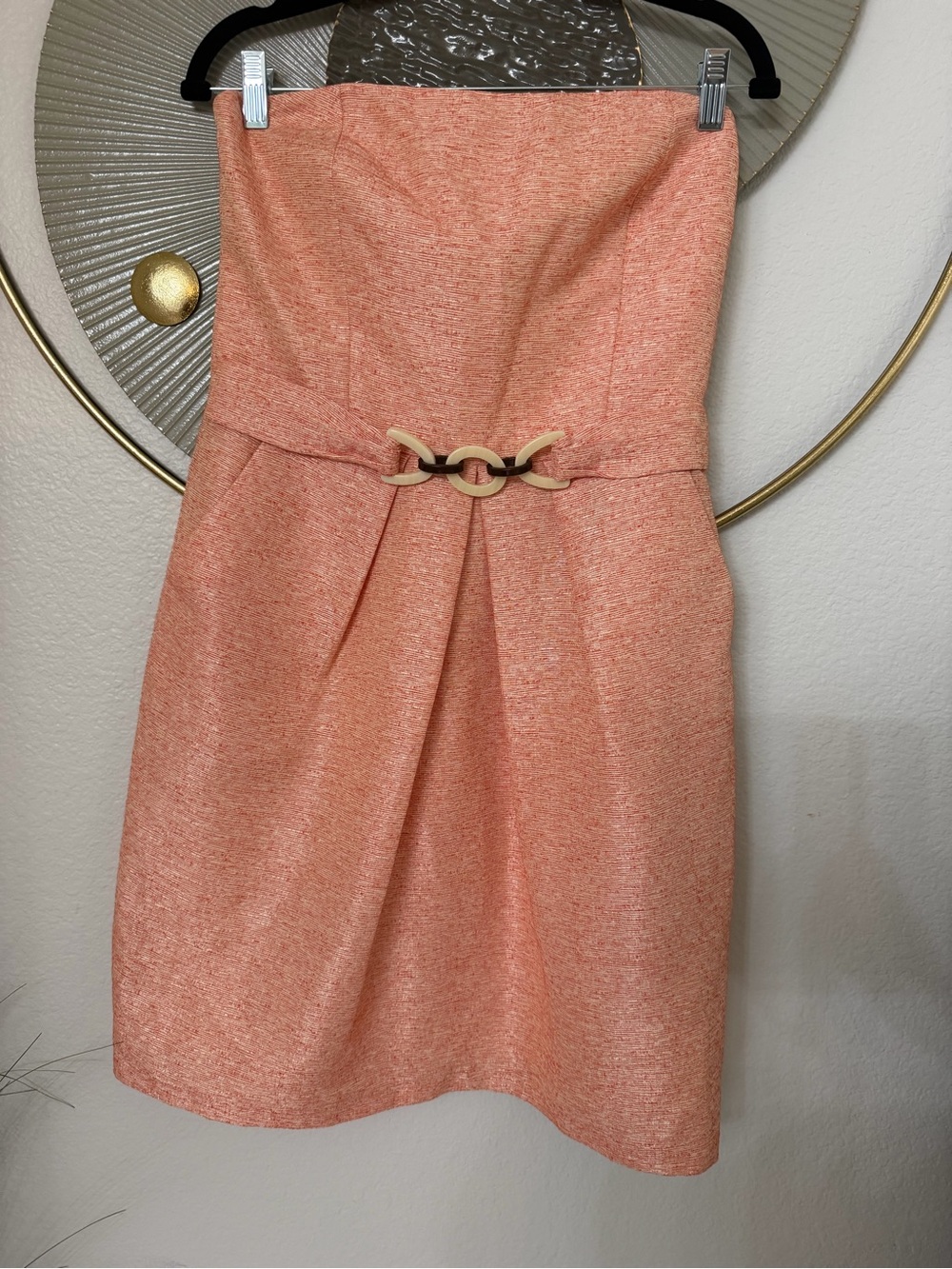 ANTONIO MELANI Strapless Coral-Peach Tweed Dress with Ivory Buckle